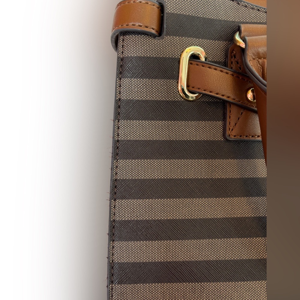 Adrienne Vittadini Chocolate Brown & Cognac Stripe Satchel w/ Gold Lock Detail - Picture 8 of 9
